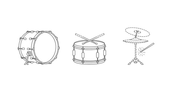 Illustrated drum set with snare bass and cymbals.