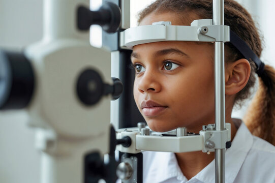 Portrait of black Child gets eye exam with special machine. Young black girl looks into ophthalmic device at clinic
