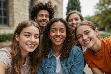 Obraz premium Five smiling friends pose together outside a stone building. Their cheerful expressions radiate joy and connection. Natural light enhances the warm, friendly atmosphere