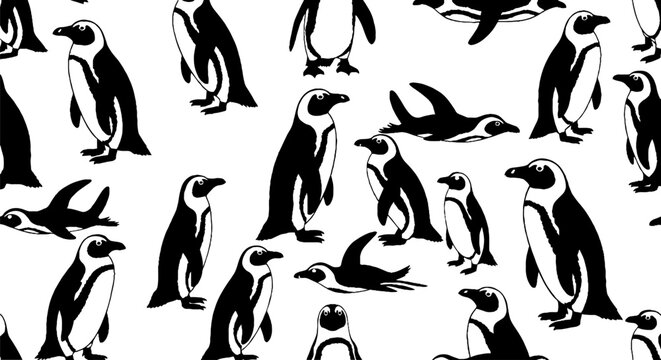 Playful Black and White Penguin Pattern Illustration Design.