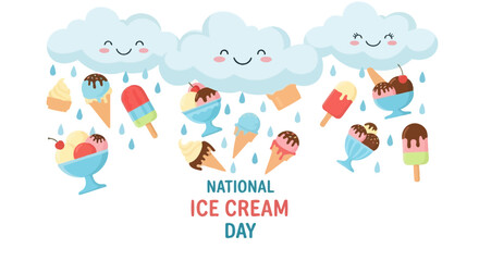 Cute Ice Cream Rain and Happy Clouds for National Ice Cream Day © bufllo
