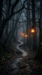 Fototapeta premium Spooky halloween mobile wallpaper dark forest path with lanterns