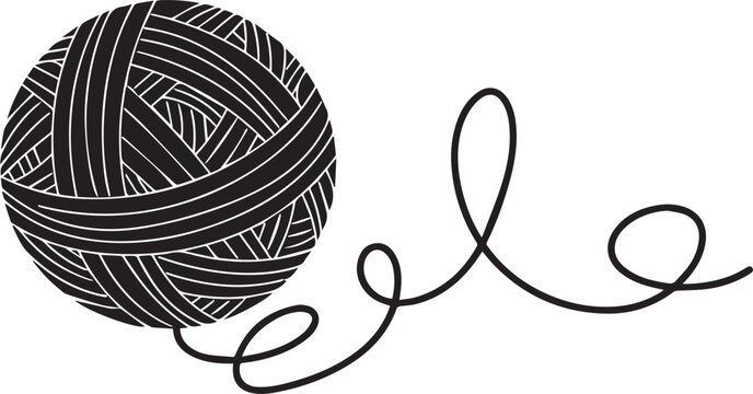 Black and white illustration of a ball of yarn with a loose thread