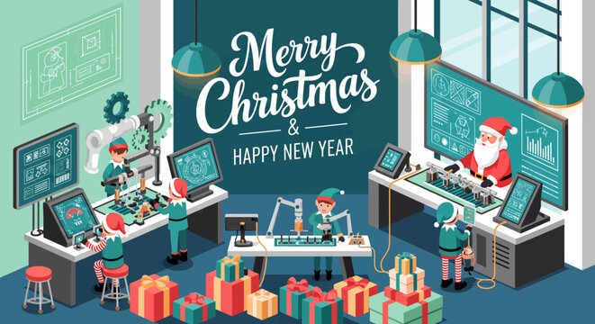 Santa and elves working in a modern gift production factory