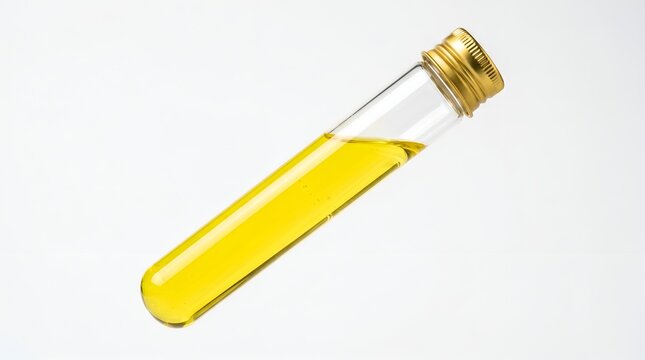 Glass Test Tube Filled with Bright Yellow Liquid Isolated on White Background