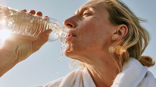 Woman drinking water from bottle after workout, refreshing and rehydrating