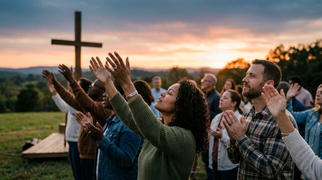 Diverse group of people worshiping outdoors with hands raised towards a cross at sunset. Spiritual gathering and community prayer under an evening sky