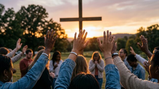 Diverse group of people worshiping outdoors with hands raised towards a cross at sunset. Spiritual gathering and community prayer under an evening sky