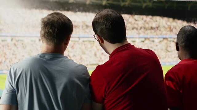 Rear view of football supporters with drum and red scarves watching live match from stadium seats, surrounded by cheering crowd and team spirit, hardcore fans in the supporter section.