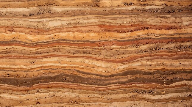 Horizontal layered rammed earth wall texture background. Abstract natural clay, sand, and soil pattern with beige, orange, and brown stripes for organic interior design and architecture 