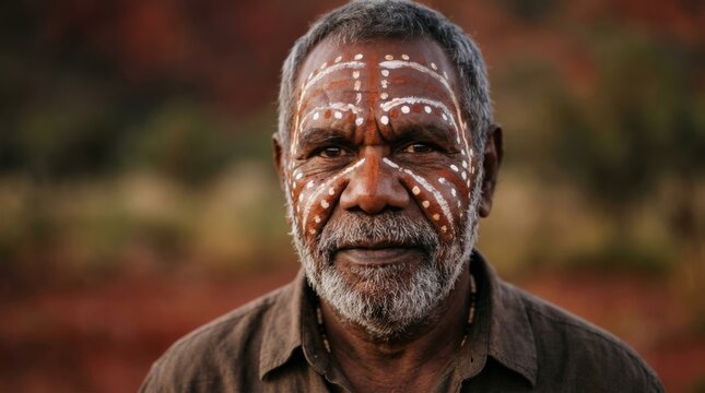 Indigenous elder with traditional face paint looking contemplative in the outback. Aboriginal man with painted face and beard against a desert