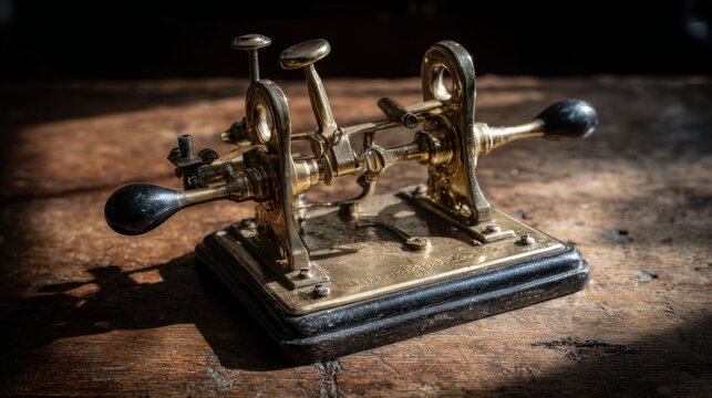 Intricate polished brass and ebony telegraph key mechanism from the vintage era.