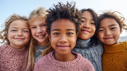 Fototapeta premium Diverse group of happy children smiling together outdoors in warm sweaters