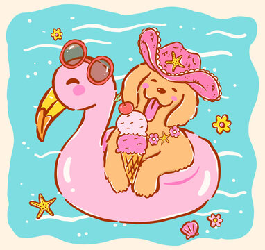 Happy golden retriever summer cowboy dog on flamingo float, whimsical hand drawn doodle lines and cheerful cartoon character style