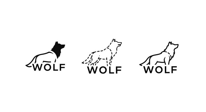 Three stylized black and white wolf logo designs.