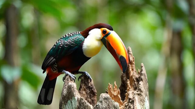 Closeup of a colorful toucan perched on a tree stump in a lush forest.