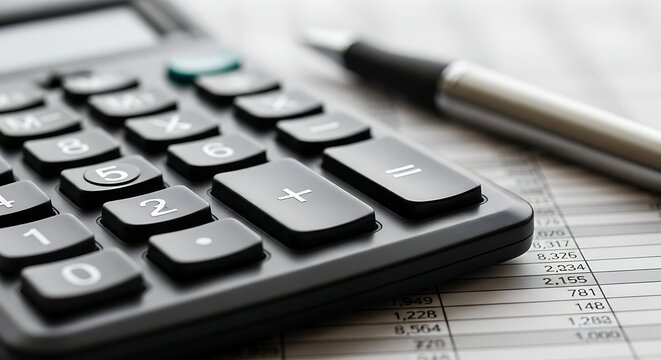 Calculator and pen on financial document for budgeting and calculation