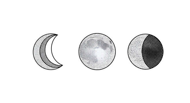 Detailed Illustration of Three Distinct Moon Phases.