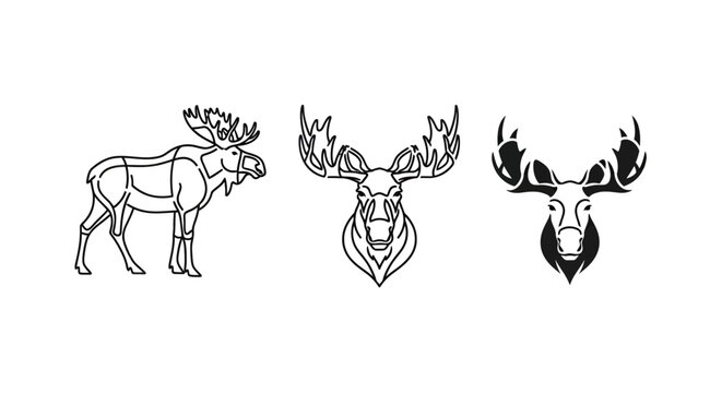 Illustrated Moose Designs With Various Antler Styles.