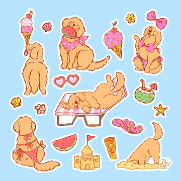 Happy golden retriever summer dog sticker sheet printable, whimsical hand drawn doodle lines and cheerful cartoon character style