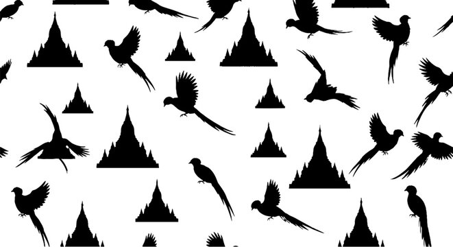 Black Silhouette Parrots and Mountain Shapes Pattern Design.