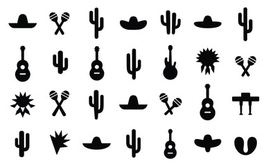 Obraz premium Assorted black silhouette icons representing classic symbols of mexico and festivities.