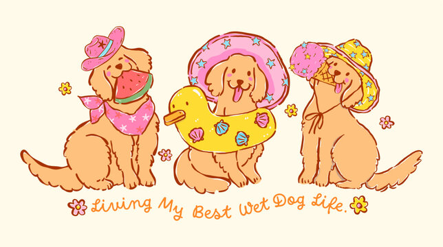 Playful golden retriever summer beach Dogs with happy derpy expression set