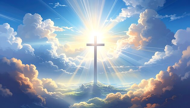 A bright cross shines in a blue sky with white and orange clouds