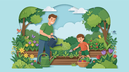 Fototapeta premium Papercut illustration of a father watering plants and a young son using a trowel in a backyard vegetable garden with raised beds, flowers, trees, and birds on a blue background.