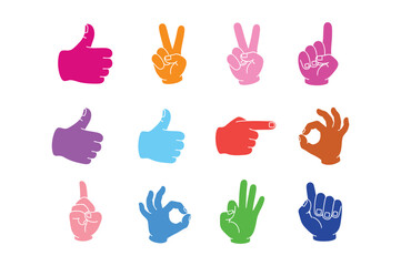Fototapeta premium Collection of Hand Gestures: A vibrant array of colorful hand gestures, including thumbs up, peace signs, and pointing fingers, arranged in a grid for diverse communication and approval.