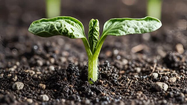 Closeup of a tiny green seedling emerging from dark soil symbolizing new life and growth.