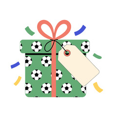 Fototapeta premium Green Gift Box with Soccer Ball Pattern and Blank Present Tag