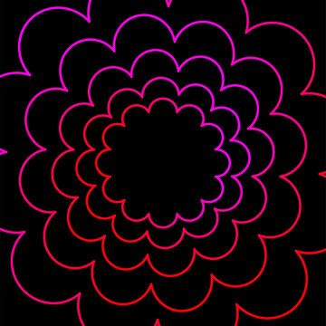Neon Pink and Red Concentric Floral Shape Pattern on Black Background