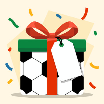 Soccer Ball Patterned Gift Box with Red Ribbon and Blank Tag