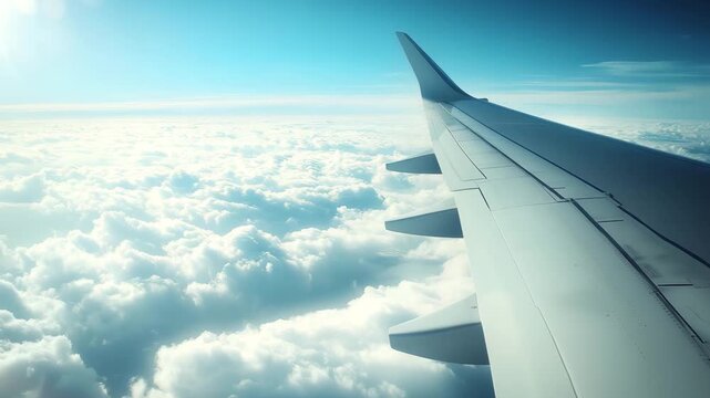 The airplane wing is shown above a thick layer of clouds with blue sky visible during the daylight hours