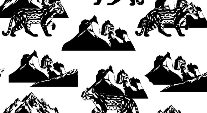 Black and White Leopard Pattern with Mountain Silhouettes.
