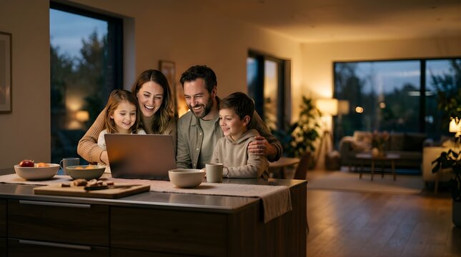 Happy family sitting at kitchen island using a laptop in the evening