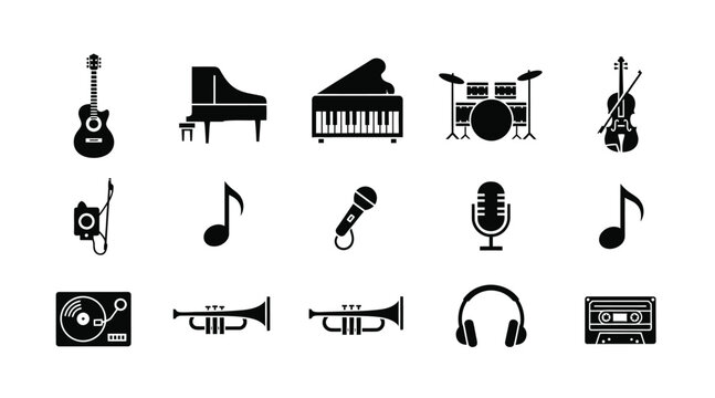 Music and musical instrument icon set with audio equipment and sound symbols silhouettes instrument cassette