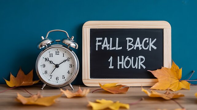 Daylight saving time reminder with alarm clock and autumn leaves decoration
