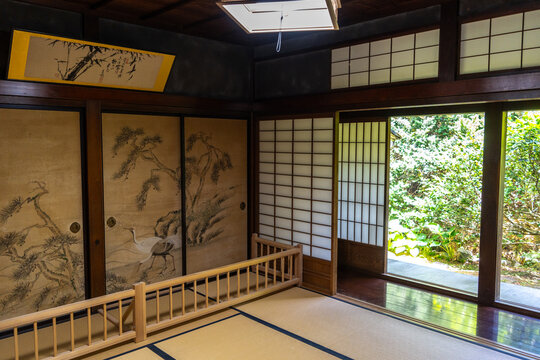 Interior of a traditional wooden house in Shirakawa-go, Japan