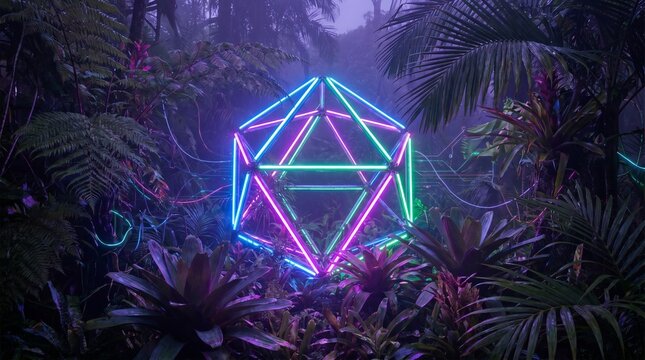 Glowing Neon Geometric Dodecahedron Structure Nestled Amidst a Dark Tropical Rainforest Landscape
