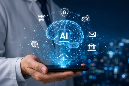 Businessman holding a smartphone with an artificial intelligence brain and various icons floating above it.
