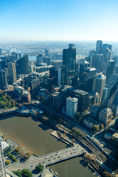 Aerial view of downtown Melbourne skyline in Melbourne, Australia
