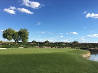 Obraz premium Lush Green Golf Course Putting Green Under Bright Blue Sky