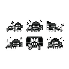 Naklejka premium 6 Horse-drawn carriage silhouette icons, vintage vehicle set, solid black style, transportation