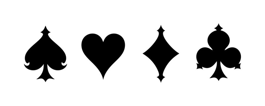 Deco Cart Suit Icon Set Clubs Diamonds Hearts Spades Silhouette Icons Logo Cards for Poker Gaming, Gambling, Betting Casino Slot Machine Graphic Elements, Board Games. Isolated Vector Illustration