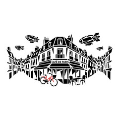 1 Parisian street silhouette icons, cityscape with cafe, bicycle, blimp, solid black style, travel © Arju