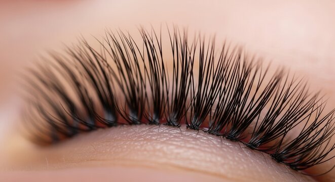 Closeup of long eyelashes on eye.