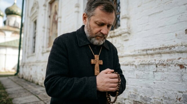 A pensive elderly monk holds a wooden cross in front of an ancient Orthodox church and prays. He is dressed in black. He serves God. He is a novice at the monastery.