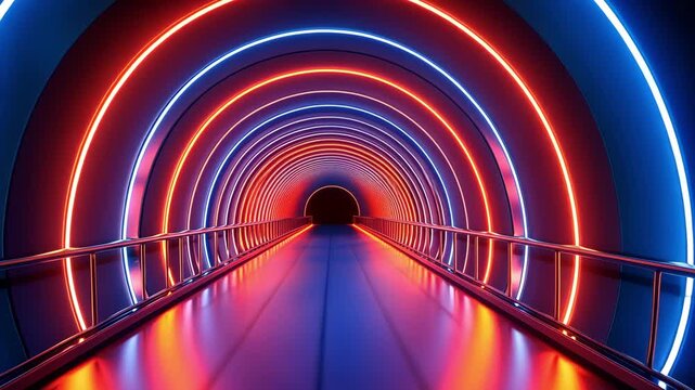 A tunnel features rows of neon lights in an array of colors creating a visual pathway through a modern urban setting at night
